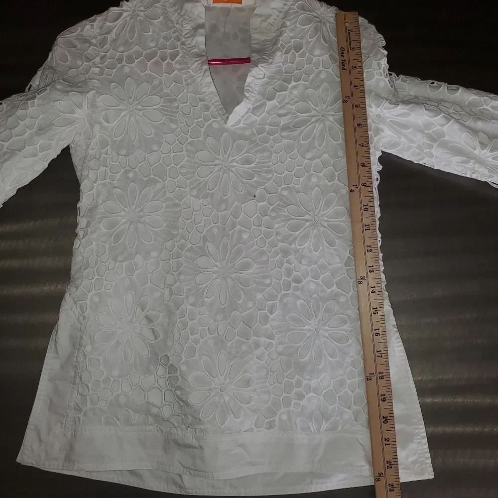 Tory Burch Cotton Eyelet Lace V-Neck Tunic Top White Size 00
